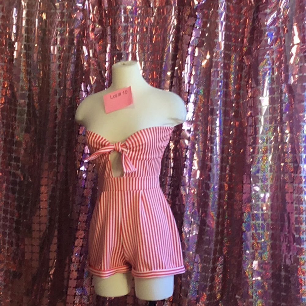 Candy cane striped shorts romper with tie front